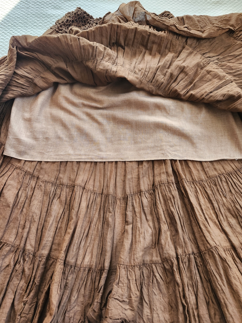 Boho Tiered Crinkle Midi Maxi Skirt with Crochet Waistband | Brown - Picture 7 of 7